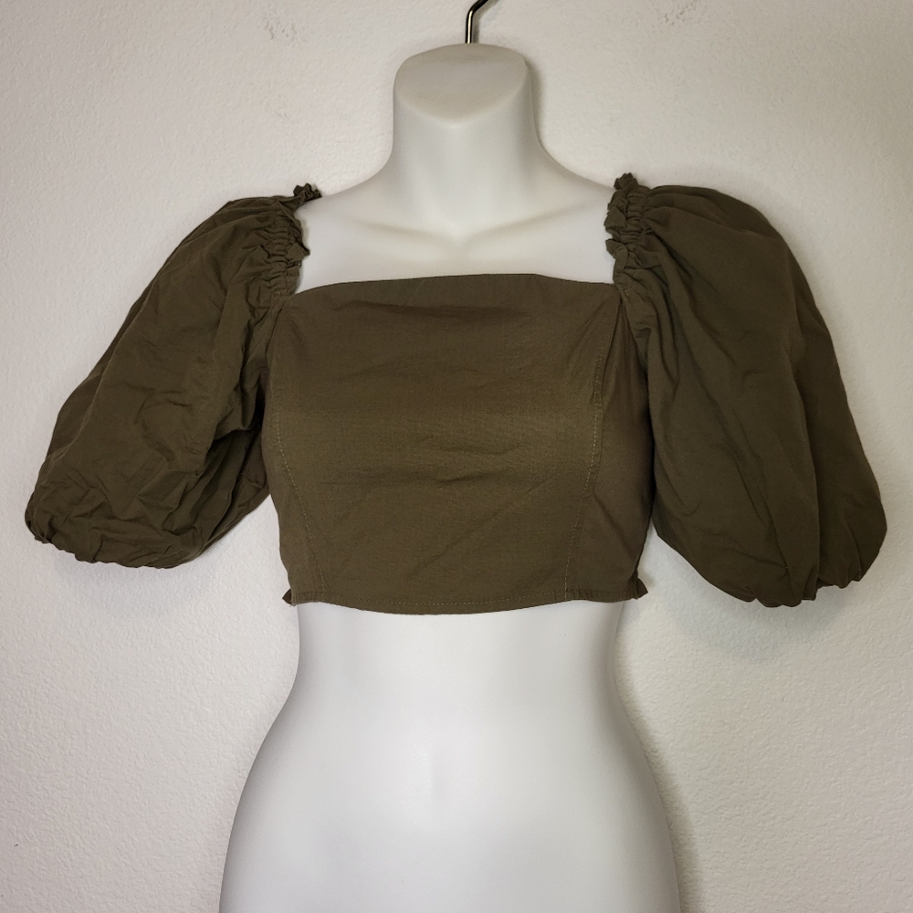 Jason Wu Princess Puff Shoulder Crop Top with Smocked Back size XSmall